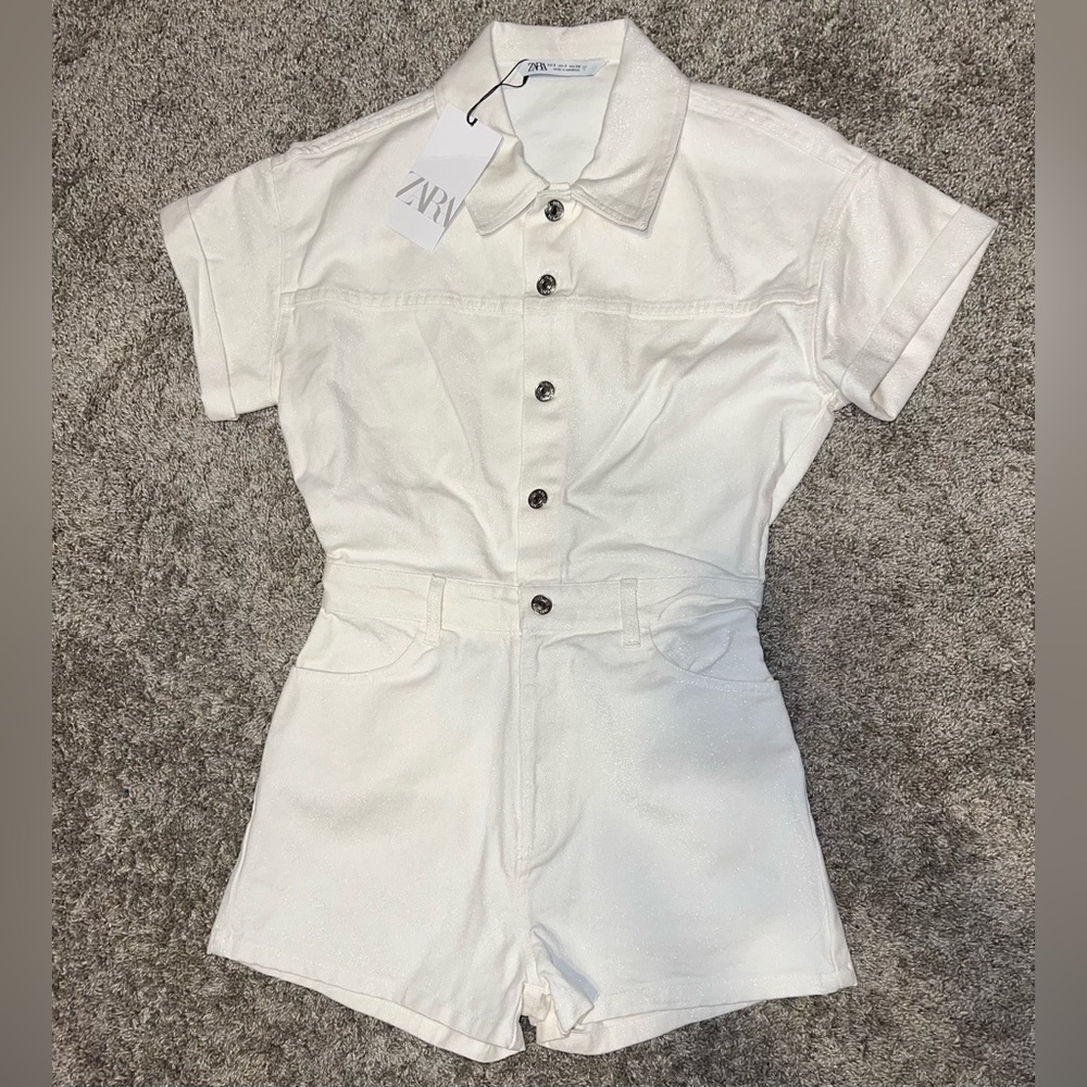 NWT Zara Denim TRF Shimmery Playsuit Oyster White Size Small - Picture 8 of 11